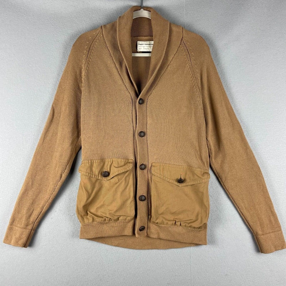 French Connection Cardigan Mens Medium Tan Shawl Collar Old Money Hipster